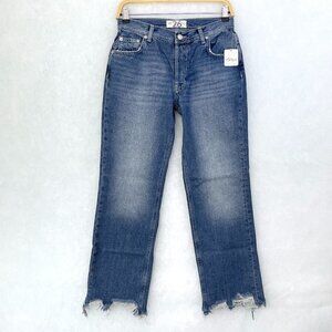 New Free People Jeans Maggie Mid Rise Straight Leg Distressed Sequoia Blue 26